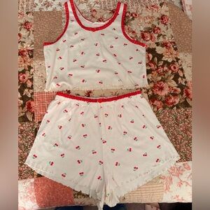 Cherry Print White Tank & Short Sleep Set with Red Trim